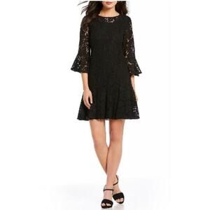 IMNYC Isaac Mizrahi Dress XL Navy Floral Lace Bell Sleeve A-Line Mini Cocktail